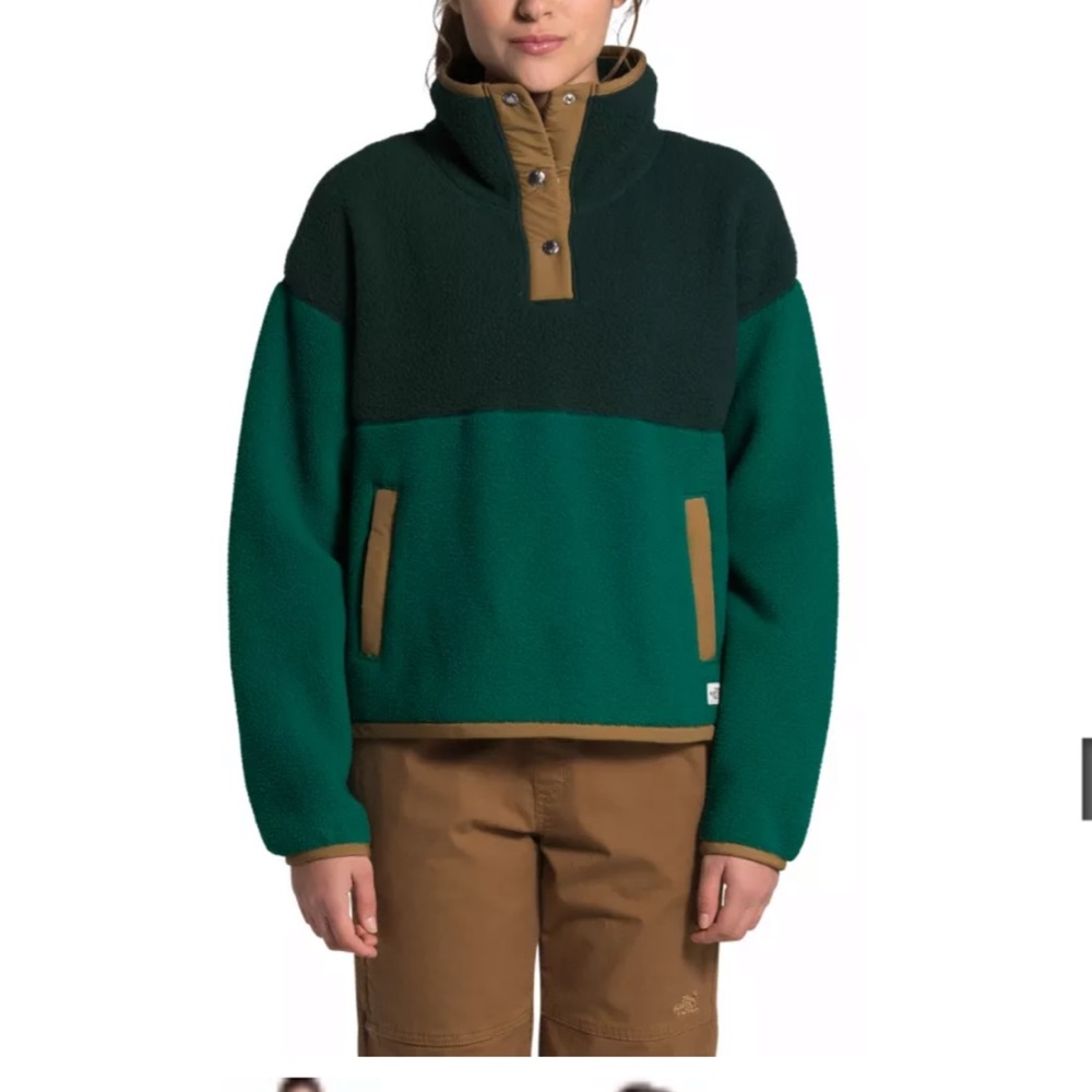 The North Face Green & Dark Green Snap Placket Fleece Pullover with Brown Trim